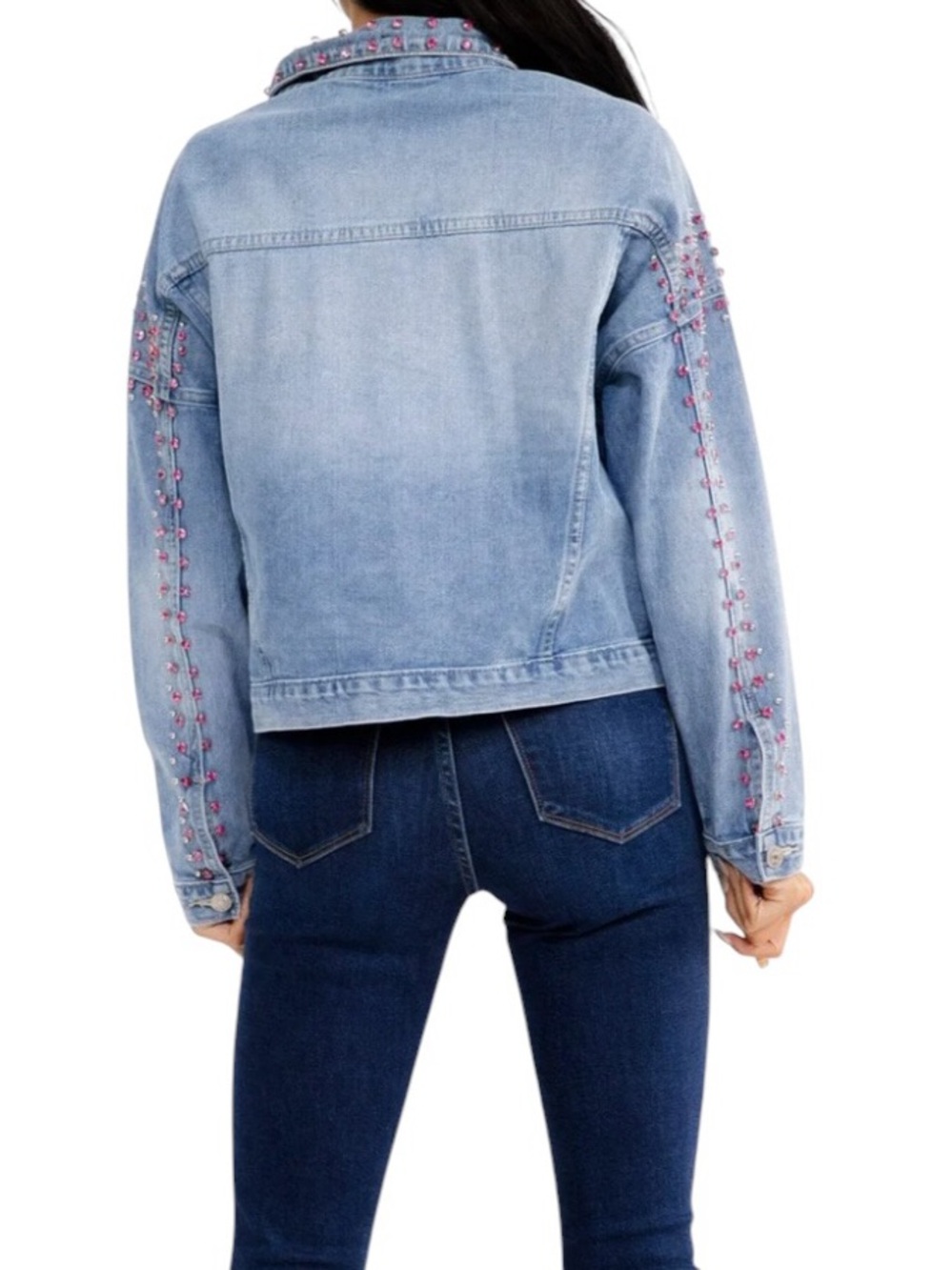 Pink Rhinestone Embellished Distressed Blue Washed Denim Jacket - Picture 4 of 4